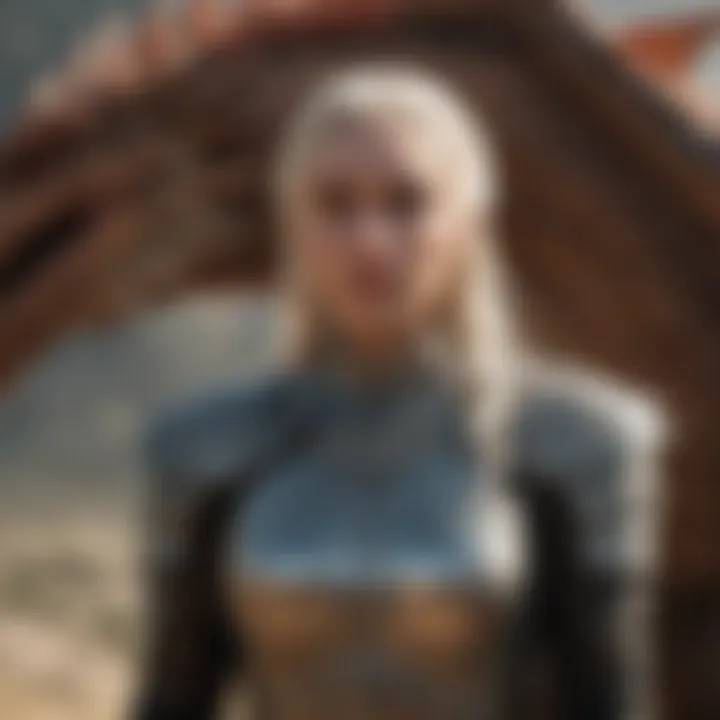 Daenerys Targaryen standing confidently with her dragons