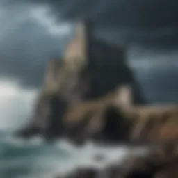 The imposing silhouette of Dragonstone Castle against a stormy sky