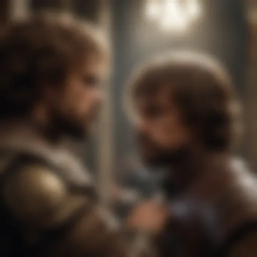 A dramatic scene showing Tyrion Lannister engaging in a strategic dialogue.