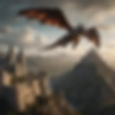 An illustration of a dragon soaring over a medieval landscape