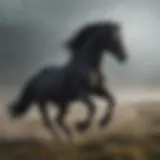 A black stallion galloping through the misty plains