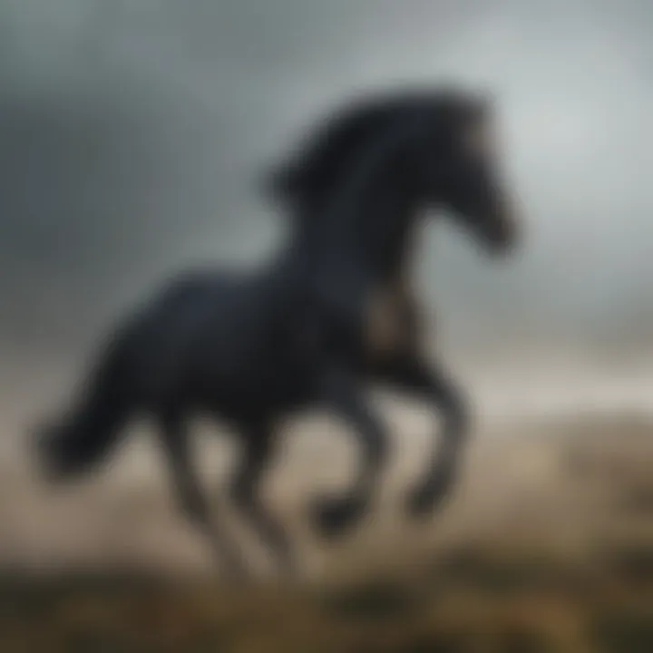 A black stallion galloping through the misty plains