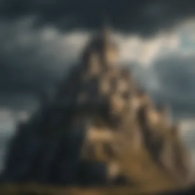Fortress of Ambition A majestic castle under a stormy sky, symbolizing power and conflict