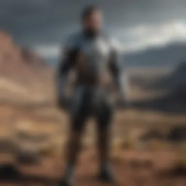 Valor Amidst Desolation Warrior in armor standing in a stark landscape