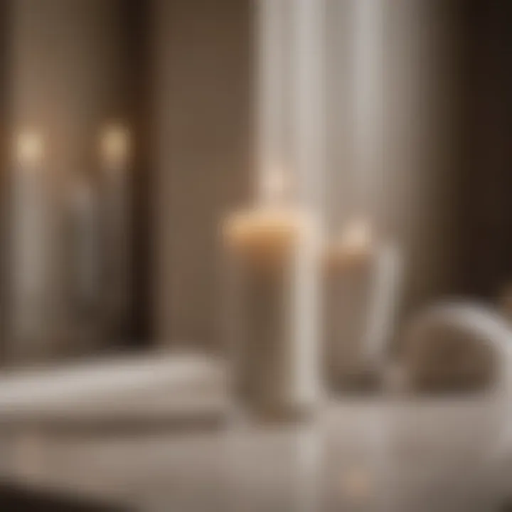 Chic tall white candle in glass enhancing the beauty of a modern spa setting