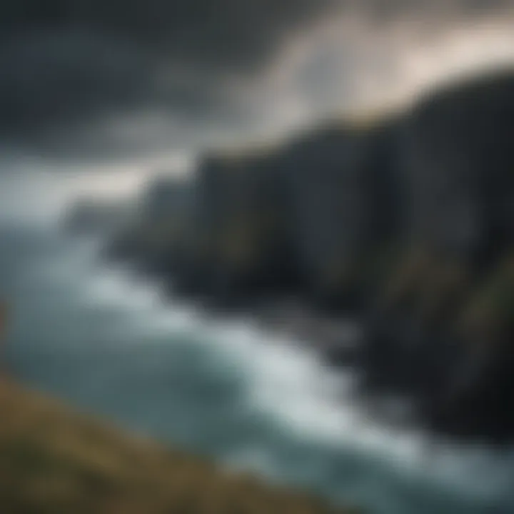 Dramatic cliffs overlooking a stormy sea under a brooding sky