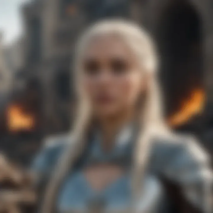 Daenerys Targaryen standing amidst destruction