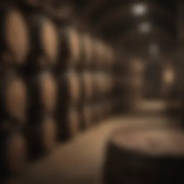 Barrels aging ales in a dimly lit cellar