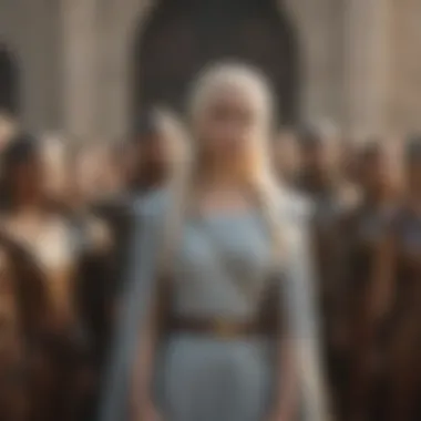 Leadership and Ambition: Daenerys as Queen Daenerys presiding over her followers, illustrating her leadership and ambition.