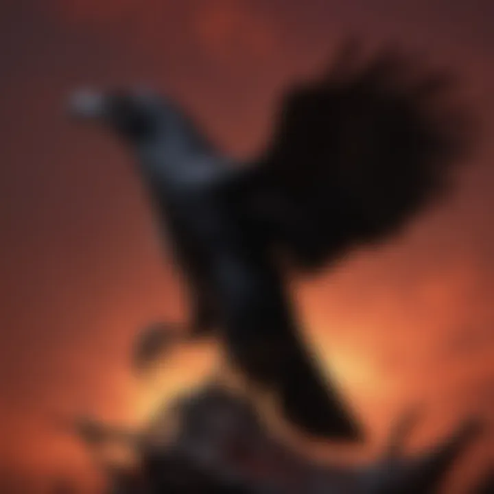 Dark Silhouette of Black Crow Daemon Against Blood-Red Sky