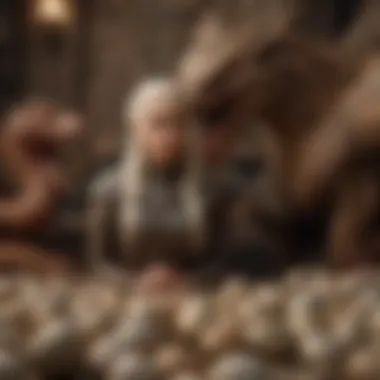 Daenerys Targaryen surrounded by dragon lore texts