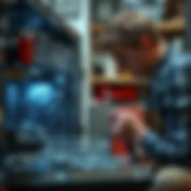 Assessing Dishwasher Repair Feasibility A person evaluating a dishwasher's issues with tools