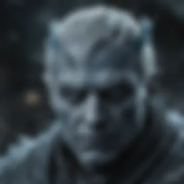 Dramatic depiction of the Night King with piercing blue eyes and icy winds swirling around him