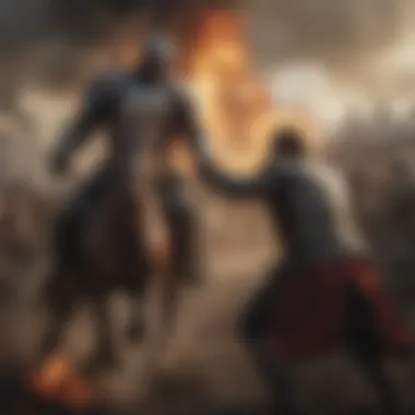 Epic battle scenes amidst fiery chaos