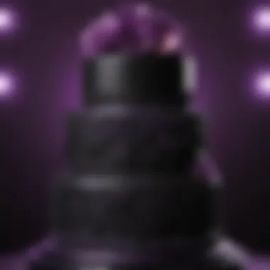 Cake decorated in black and purple with intricate designs