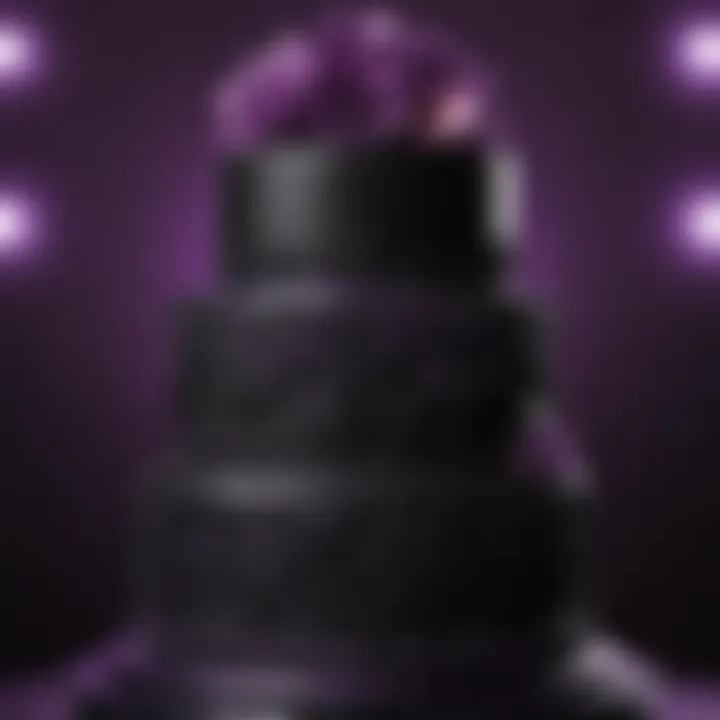 Cake decorated in black and purple with intricate designs