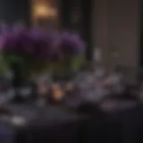 Elegant black and purple wedding table setting with floral arrangements