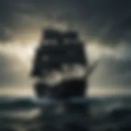 Dark ocean waves reflecting the ominous silhouette of a pirate ship