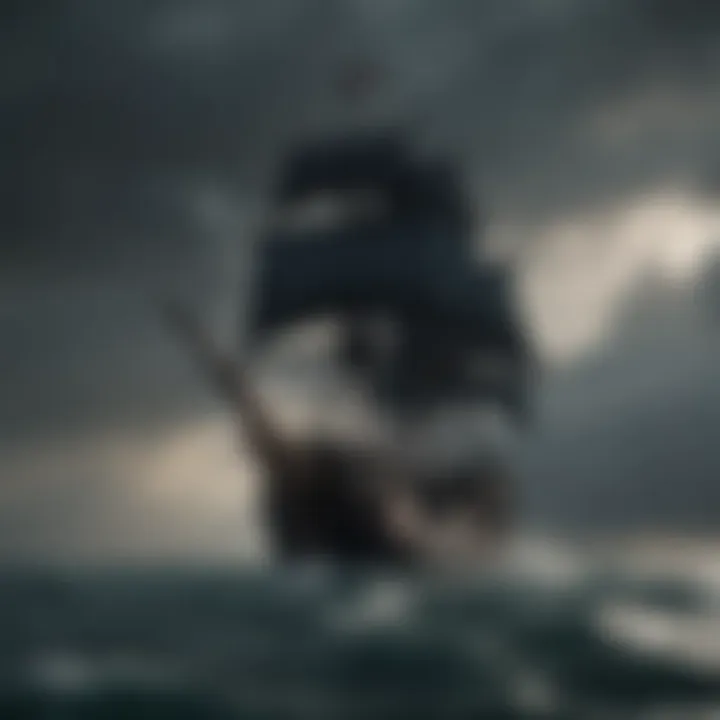 An artistic portrayal of a pirate ship sailing into the stormy horizon