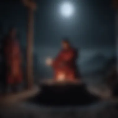 Ritual Under the Moon A shadowy figure performing a blood ritual under a moonlit sky.