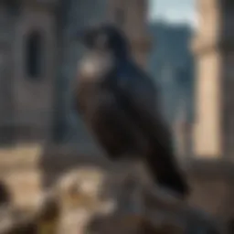 A crow perched atop a castle tower overlooking the realm