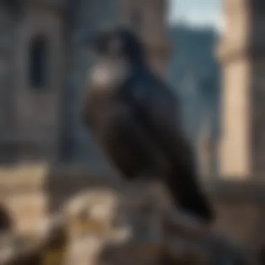 The Watchful Crow: Symbolism of Vigilance A crow perched atop a castle tower overlooking the realm
