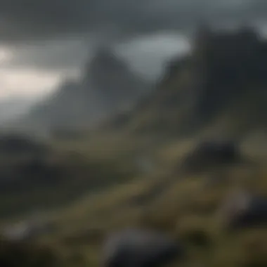 The Brooding Landscape of Westeros: A Symbolic Backdrop A dark and atmospheric landscape representing the lore of Westeros