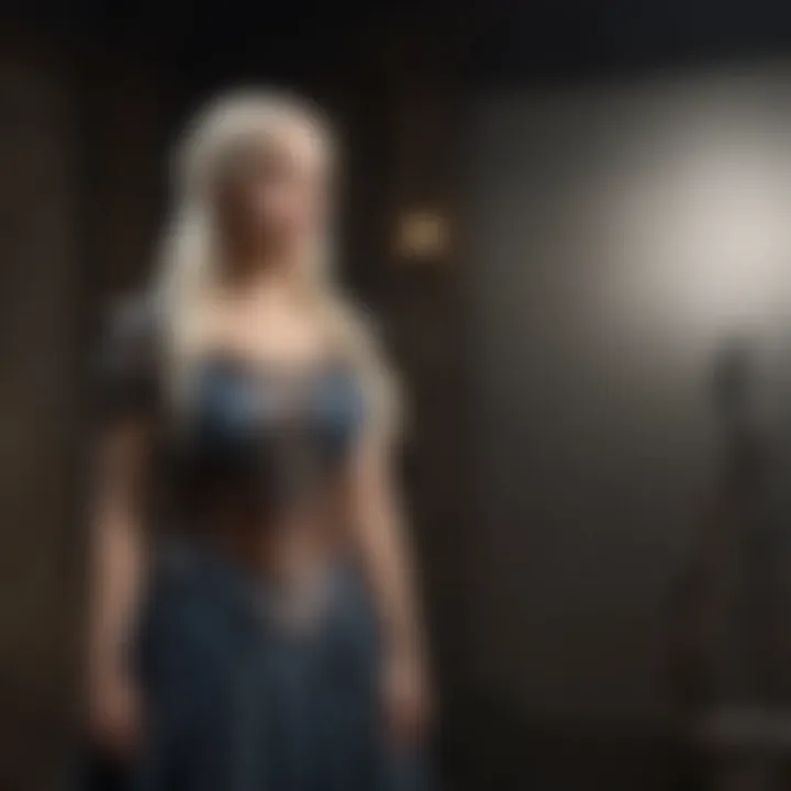 A collection of costumes worn by Daenerys throughout the series displayed in a gallery.