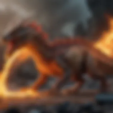 A fierce fire dragon breathing flames amidst an apocalyptic backdrop, symbolizing destruction and rebirth.