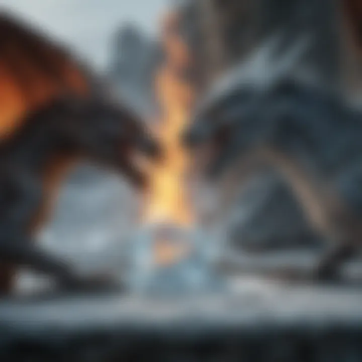 A contrasting scene showing both an ice dragon and a fire dragon facing each other, representing the elemental dichotomy.