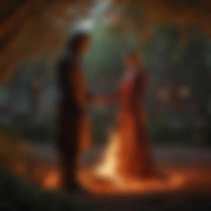 A serene fire garden scene with rich colors, reflecting the emotional connections between key characters.