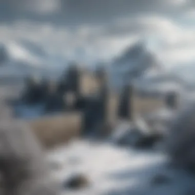 Winterfell's imposing structure surrounded by snow-capped hills