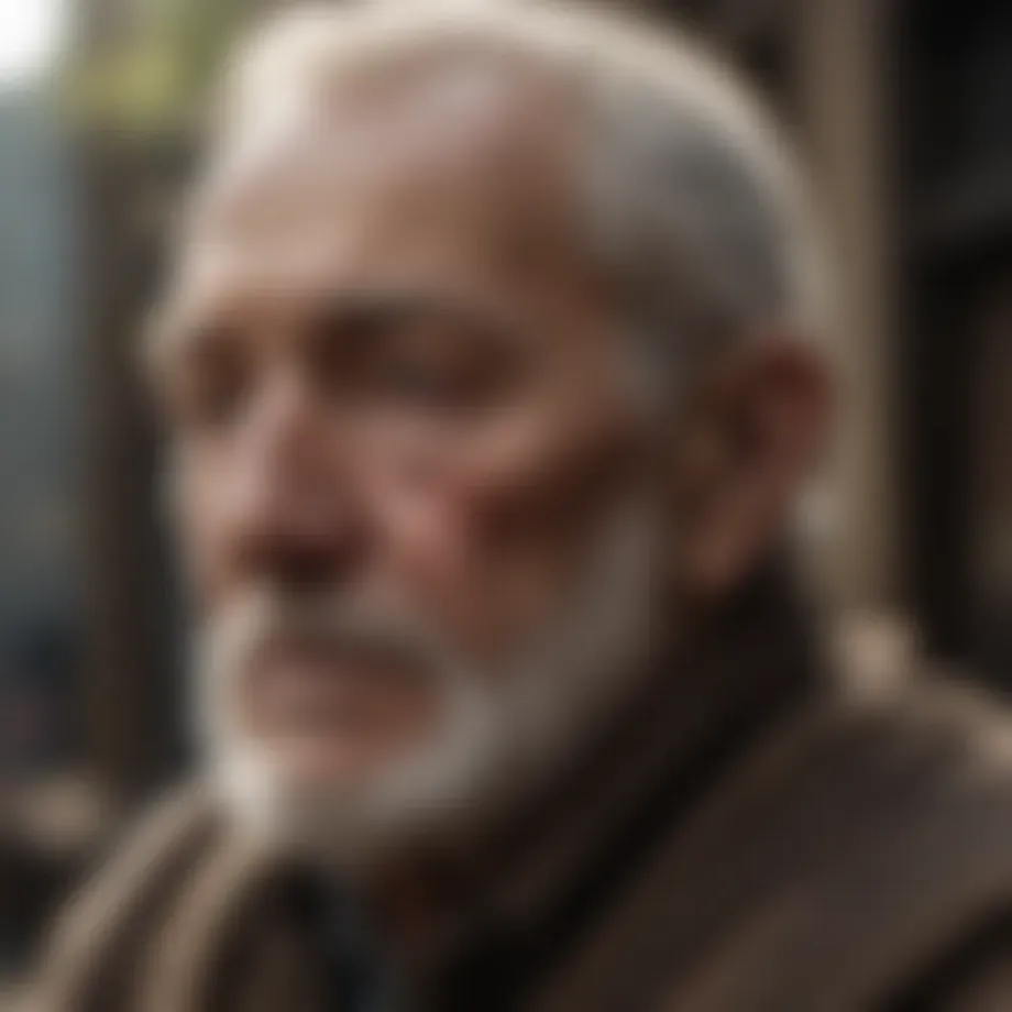 Elderly man gazing into the distance with a weathered expression
