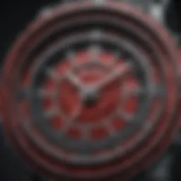 Close-up view of the intricate design of the red woman's watch face