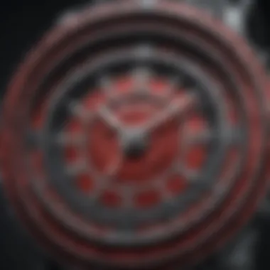 Intricate Design of the Red Woman's Watch Close-up view of the intricate design of the red woman's watch face