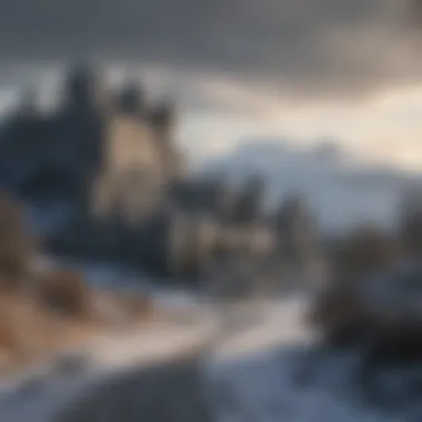The Majestic Winterfell A sweeping view of Winterfell showcasing its imposing architecture and surrounding landscape