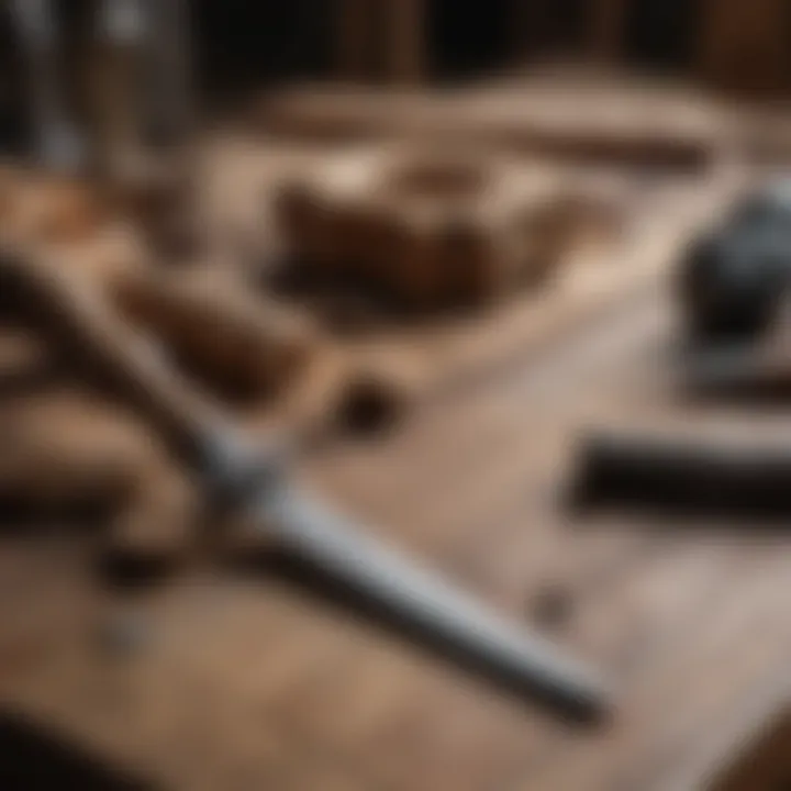 Close-up of detailed wood carving tools on a rustic table