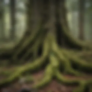 Symbols of Resilience: Ancient Trees of the Black Woods A close-up of ancient trees with gnarled roots and moss, symbolizing resilience and time.