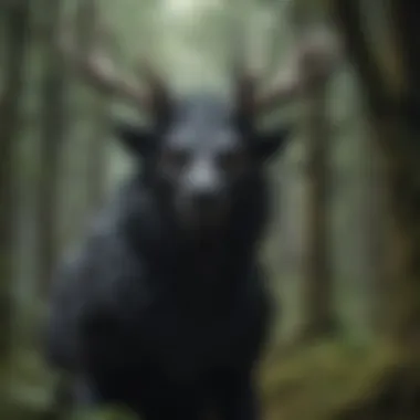 The Untamed Spirit: Mythical Beings of the Black Woods An illustration of a mythical creature lurking within the trees, representing the untamed nature of Westeros.