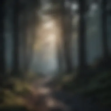 Twilight in the Black Woods: A Foreboding Atmosphere A panoramic view of the Black Woods at twilight, with shadows lengthening and a hint of danger.