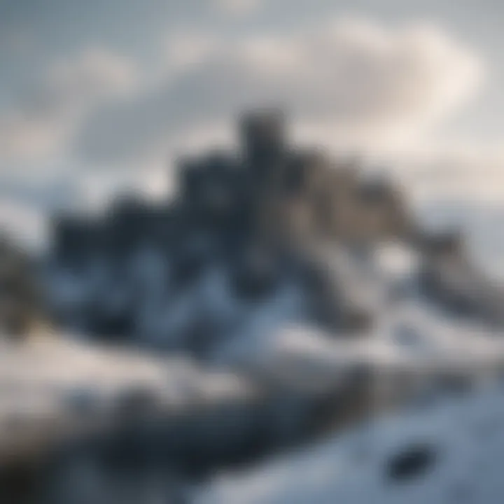 A sweeping view of the Stark stronghold, Winterfell, showcasing its imposing architecture and snow-covered landscape.