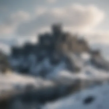 The Stark Stronghold: Winterfell A sweeping view of the Stark stronghold, Winterfell, showcasing its imposing architecture and snow-covered landscape.