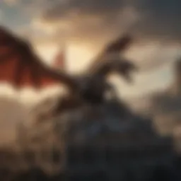 A dramatic depiction of House Targaryen with dragons soaring above