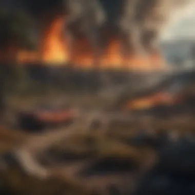 An intricate illustration of wildfire being used strategically in a key battle scene, showcasing its tactical significance.