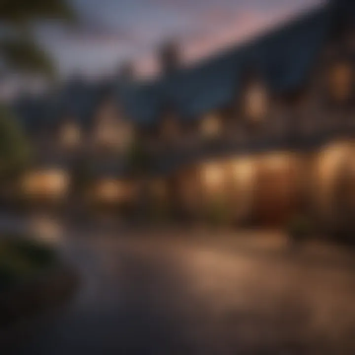 A panoramic view of the Cross Roads Inn at dusk, showcasing its rustic architecture.