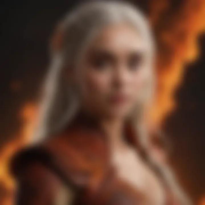 Daenerys Targaryen in a powerful pose, surrounded by flames