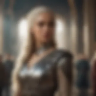 Daenerys standing regal, with a backdrop of her kingdom