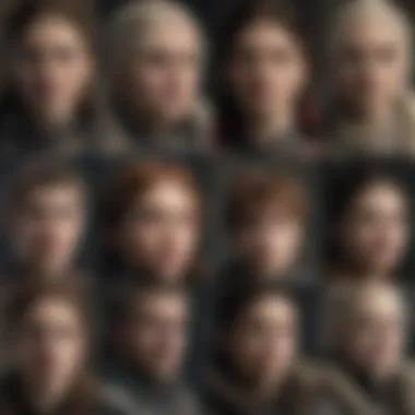 A collage of key characters from the Game of Thrones series, showcasing their evolution and arcs.