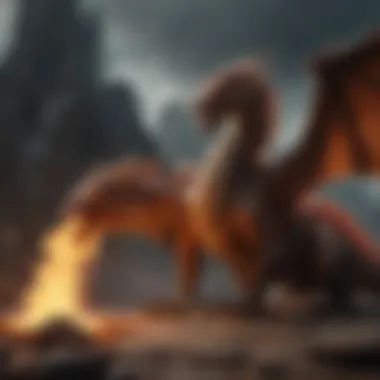 Concept art of a dragon in a fiery scene