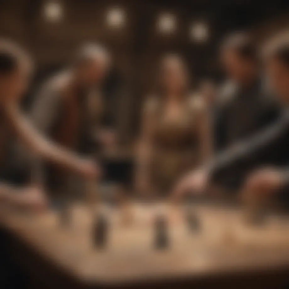 A group of individuals engaging in a playful game, showcasing a competitive atmosphere.